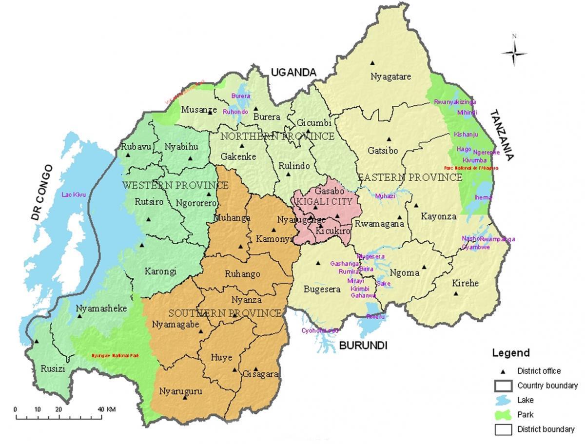 نقشه رواندا با مناطق و بخش های